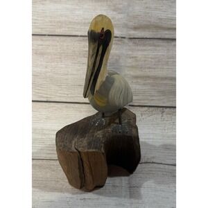 Vintage 6.5" Pelican Driftwood Nautical Bird Sculpture Figurine Unique GTubH2